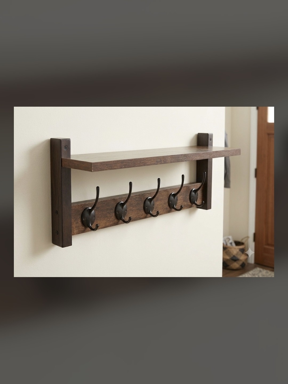 Wood Wall Shelf with 5 Hooks - Brown